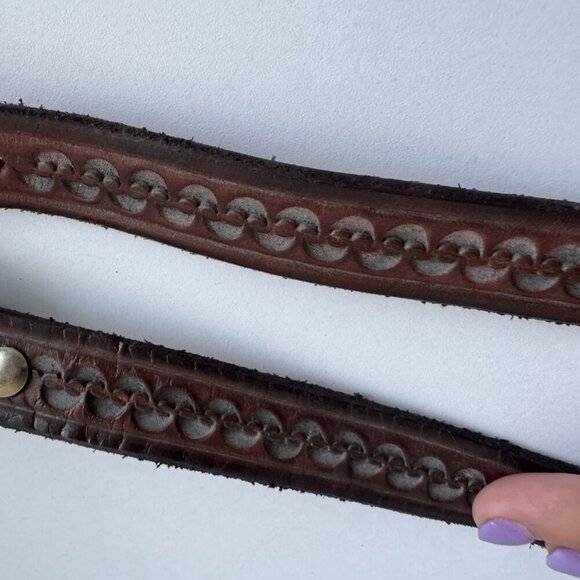 Vintage Genuine Leather Belt Solid Brass Buckle Brown Tooled 38”